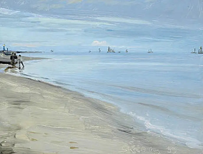 Rantamaisema Skagenista. Kalastajia veneessä. Majakka on valaistu. - Peder Severin Krøyer