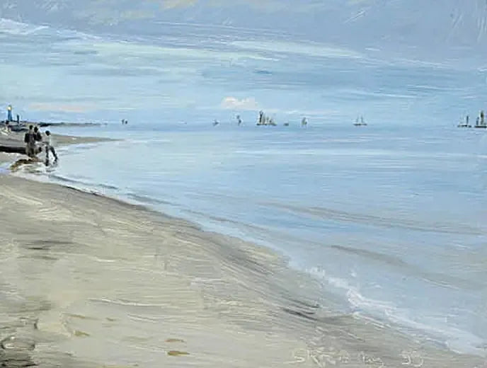 Rantamaisema Skagenista. Kalastajia veneessä. Majakka on valaistu. - Peder Severin Krøyer