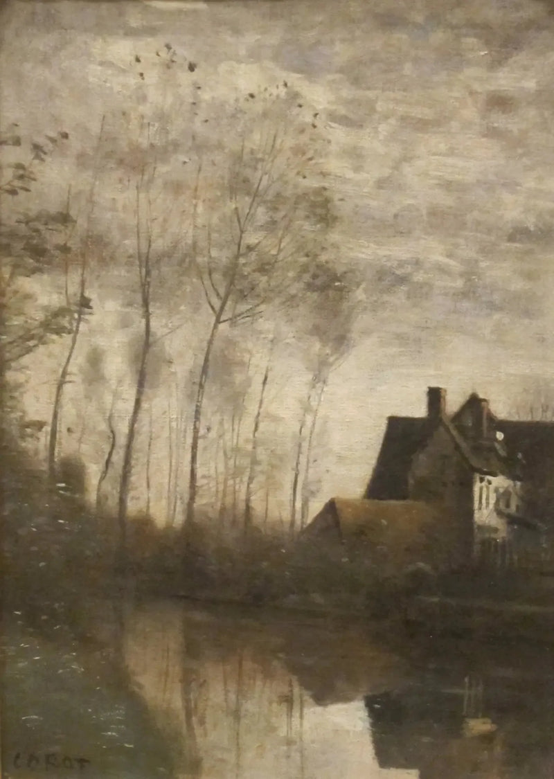 Joki- ja talomaisema ja poppelipuut - Jean-Baptiste Camille Corot