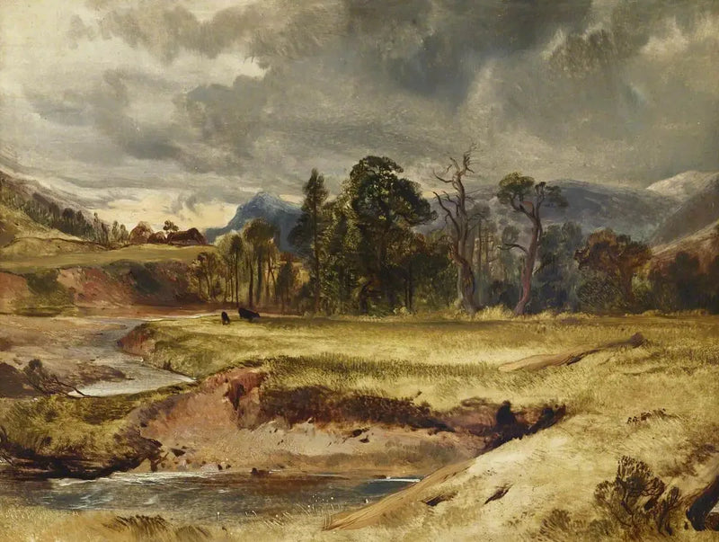 Skotlantilainen jokimaisema eläinten kanssa niityllä - Edwin Henry Landseer