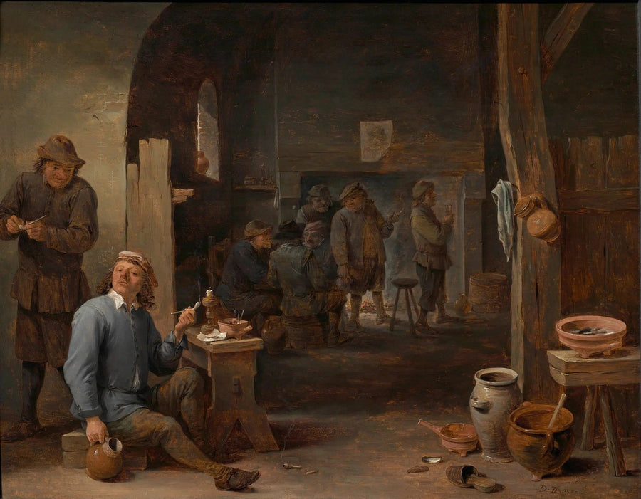 Taverna-aluekuva, jossa tupakoiva henkilö pitää maljaa - David Teniers nuorempi