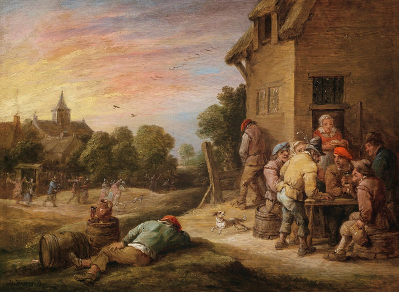 Kyläkohtaus, jossa talonpojat juhlivat pubin edessä - David Teniers nuorempi