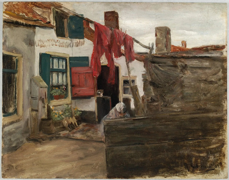 Hollantilainen kyläkohtaus pyykkiä ripustettuna - Max Liebermann