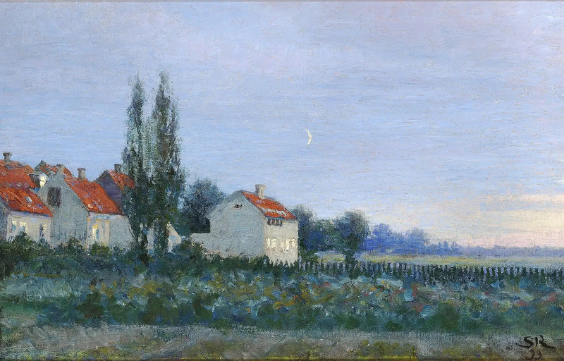 Ilta-maisema talojen ja poppelipuiden kanssa. - Peder Severin Krøyer