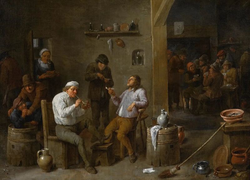 Sisätilan kuva pubista, jossa talonpojat juovat ja tupakoivat - David Teniers nuorempi