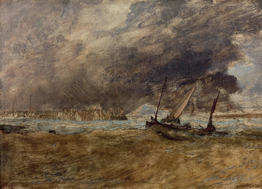 Merikuva kalastusveneistä puulaiturin vieressä, myrsky tulossa - J. M. W. Turner