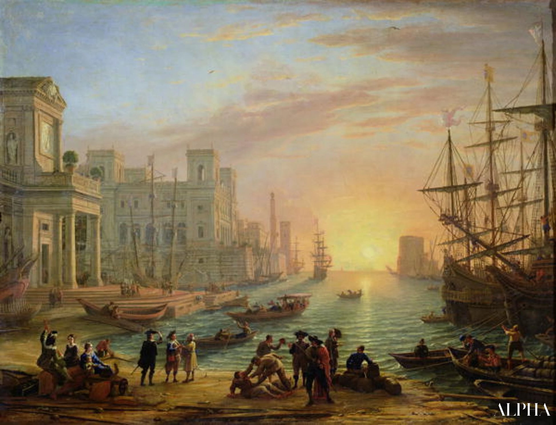 Satama auringonlaskussa - Claude Lorrain - Korkealaatuiset taulujen ja maalauksien reproduktiot