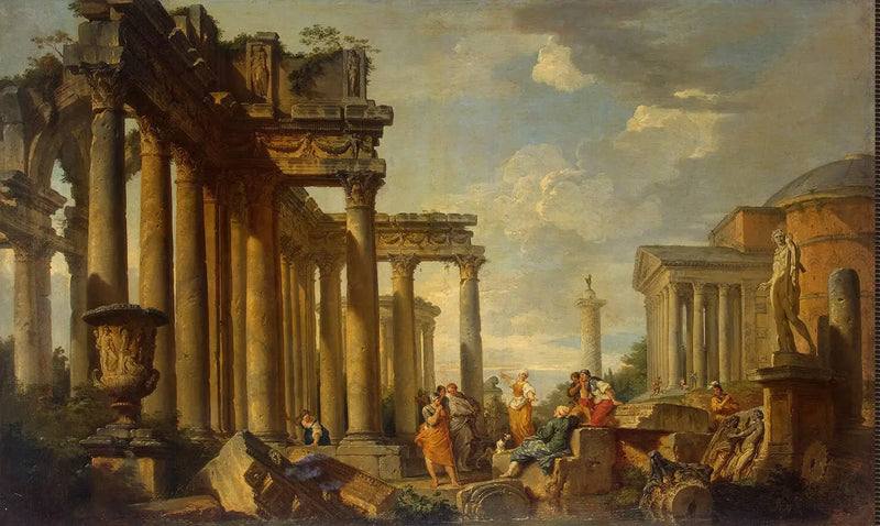 Pyhän Sibyllan saarna roomalaisissa raunioissa Apollon-patsaan kanssa - Giovanni Paolo Panini