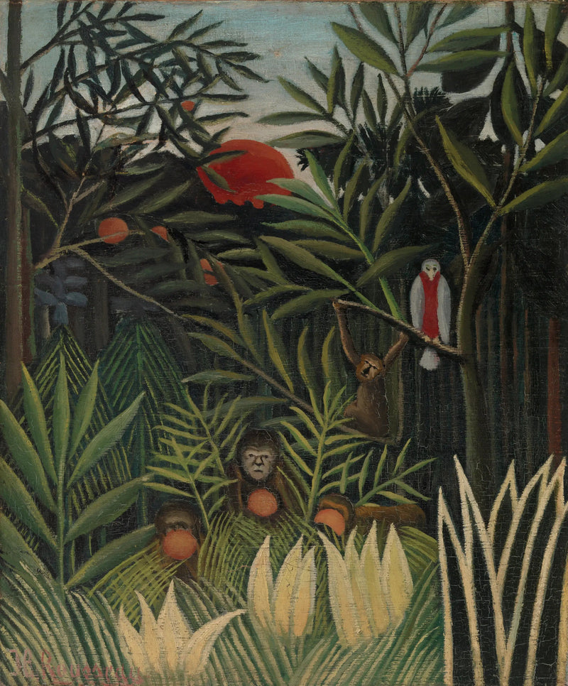 Apinat ja papukaija sademetsässä - Henri Rousseau
