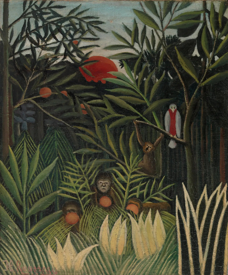 Apinat ja papukaija sademetsässä - Henri Rousseau