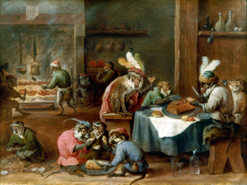 Apinat syömässä keittiössä - David Teniers nuorempi
