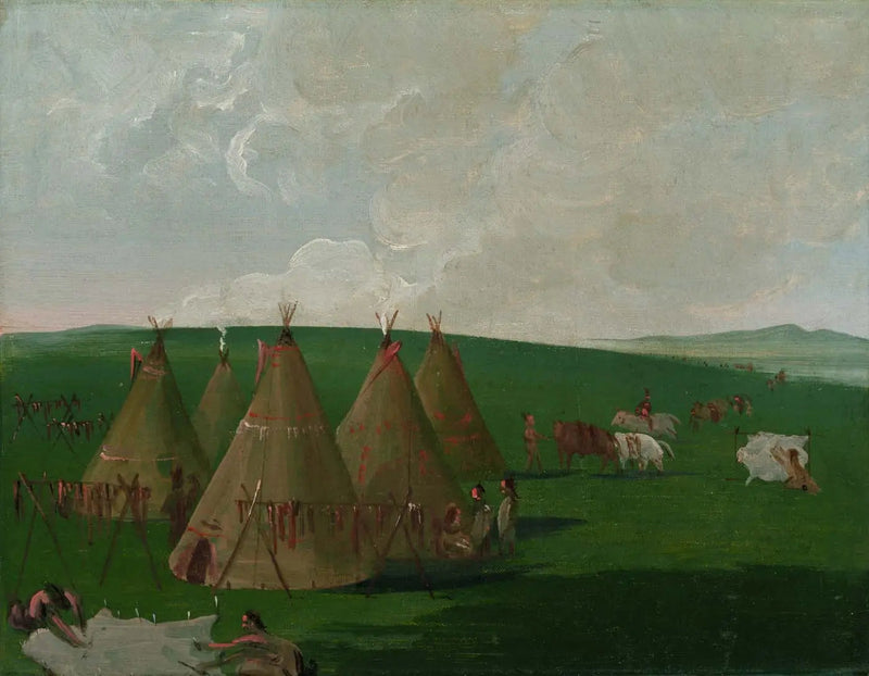 Sioux leiriytymässä Upper Missouri -joella, valmistamassa biisoninlihaa ja pukuja - George Catlin