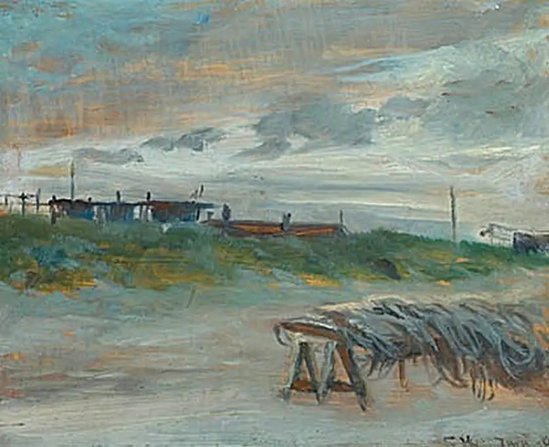 Skagen Sønderstrand kesäkuun illassa, pilvisellä säällä. Kalastusköydet edessä. - Peder Severin Krøyer