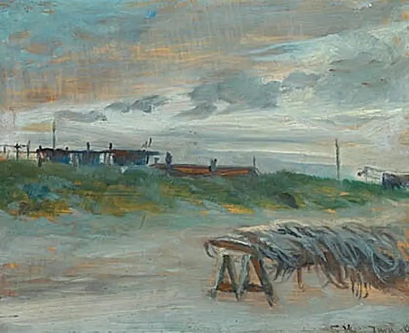 Skagen Sønderstrand kesäkuun illassa, pilvisellä säällä. Kalastusköydet edessä. - Peder Severin Krøyer