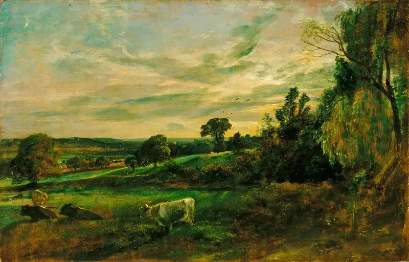 Kesäilta: näkymä lähellä East Bergholtia, jossa näkyvät Langhamin kirkko, Stratfordin kirkko ja Stoke-by-Naylandin kirkko - John Constable