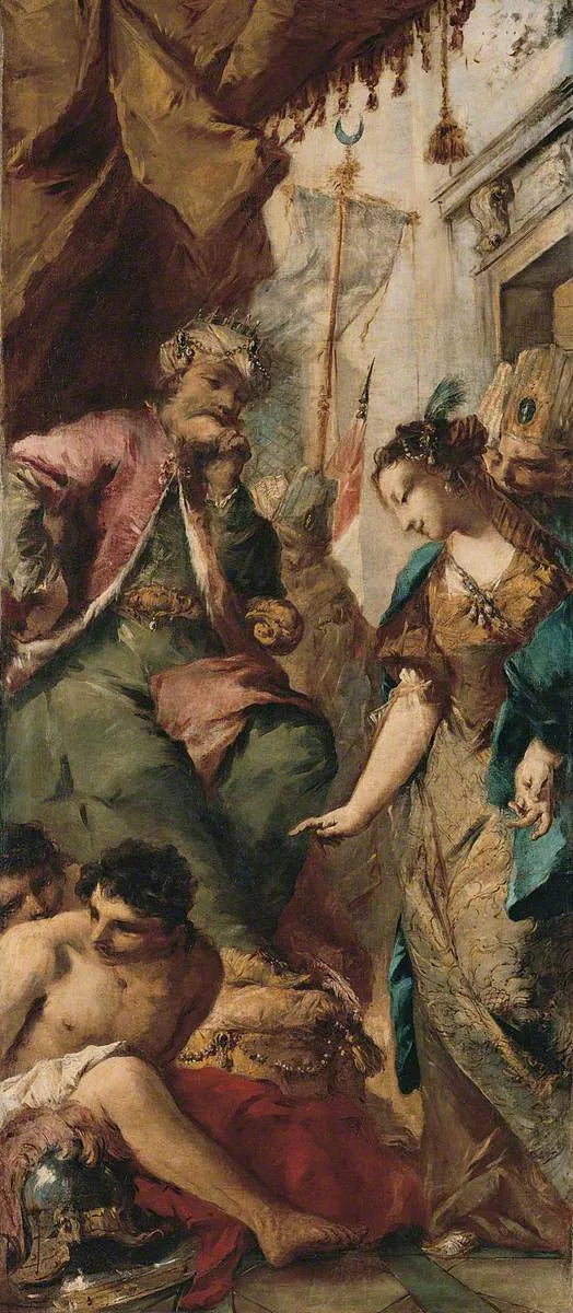 Sophronie pyytämässä sultaanin kuningasta Aladinea vapauttamaan kristittyvankeja - Francesco Guardi