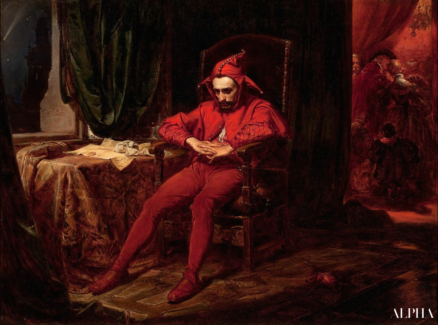 Stańczyk tanssia kuningattaren hovissa - Jan Matejko - Korkealaatuiset taulujen ja maalauksien reproduktiot