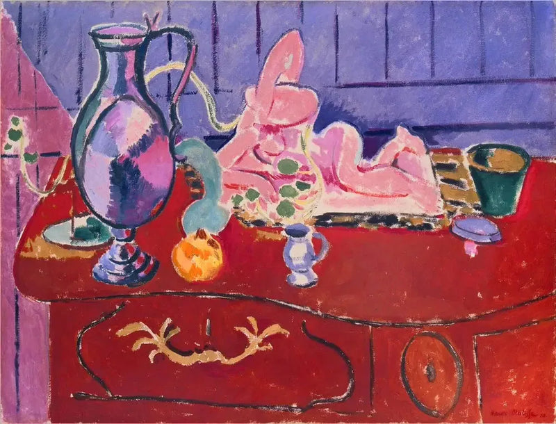 Ruusukuvioinen figuuri ja kannu punaisella lipastolla - Henri Matisse