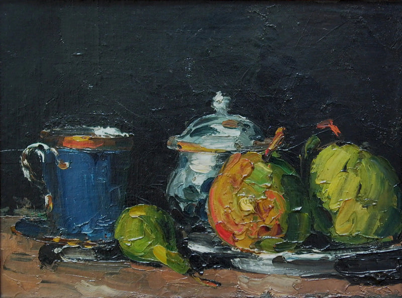 Sokerikko, päärynät ja sininen kuppi - Paul Cézanne