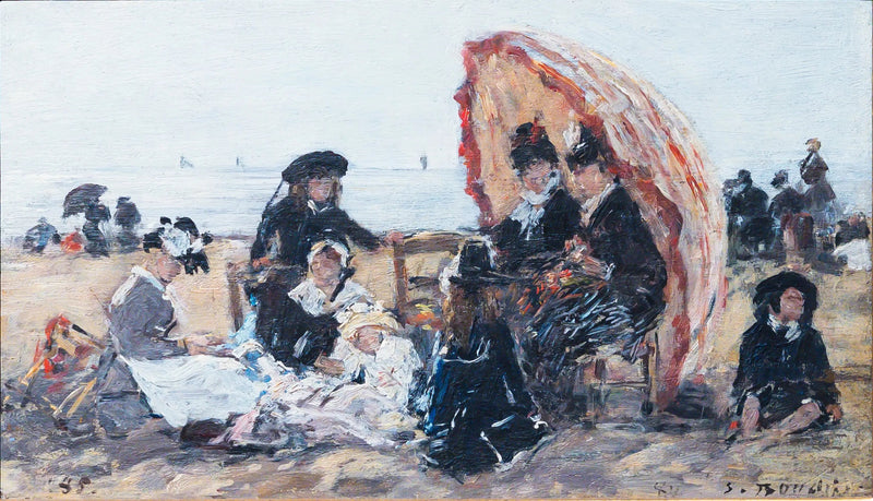 Trouvillen rannalla, punaisen aurinkovarjon suojassa - Eugène Boudin
