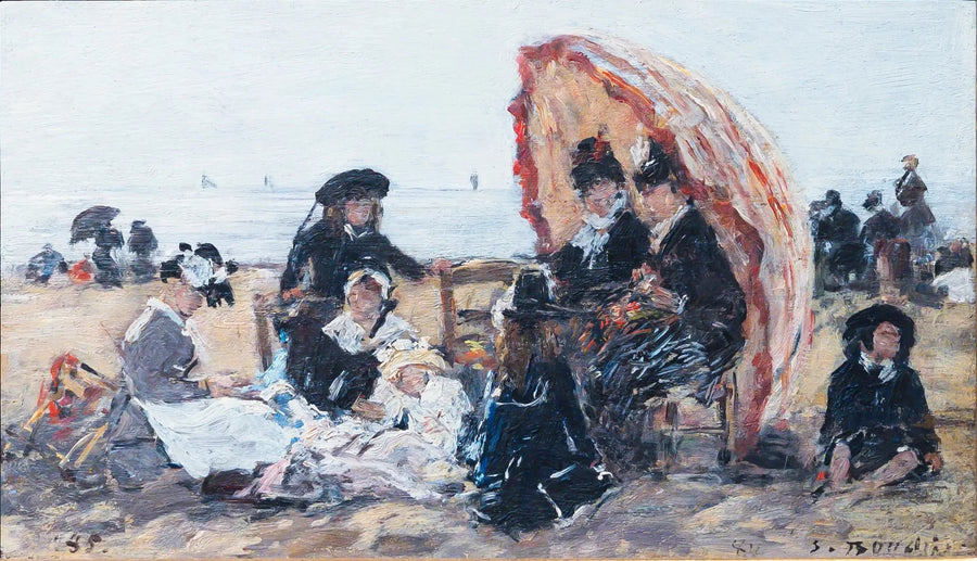 Trouvillen rannalla, punaisen aurinkovarjon suojassa - Eugène Boudin