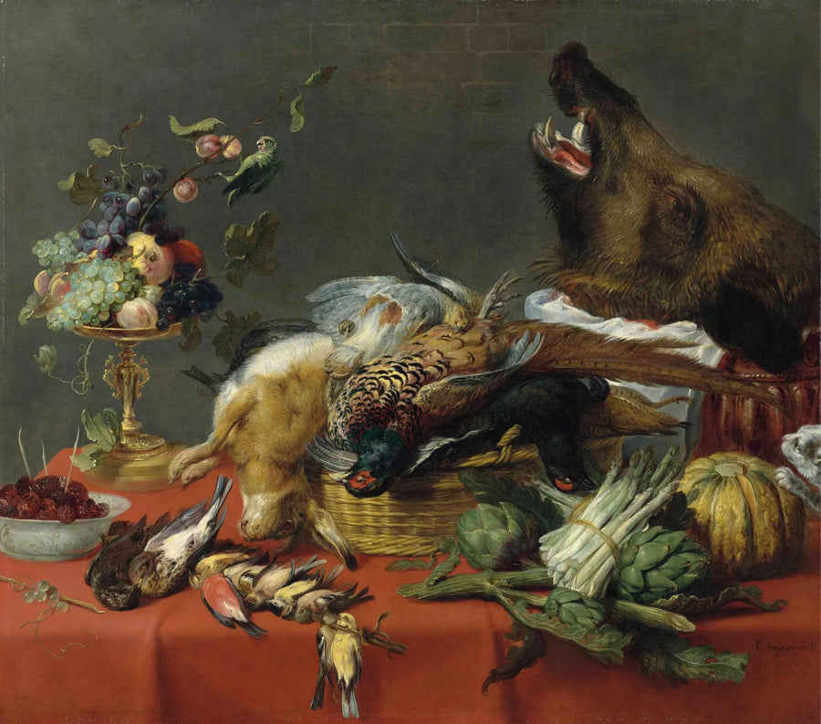 Table nappée chargée de gibier, de fruits, de légumes et d'une tête de sanglier - Frans Snyders