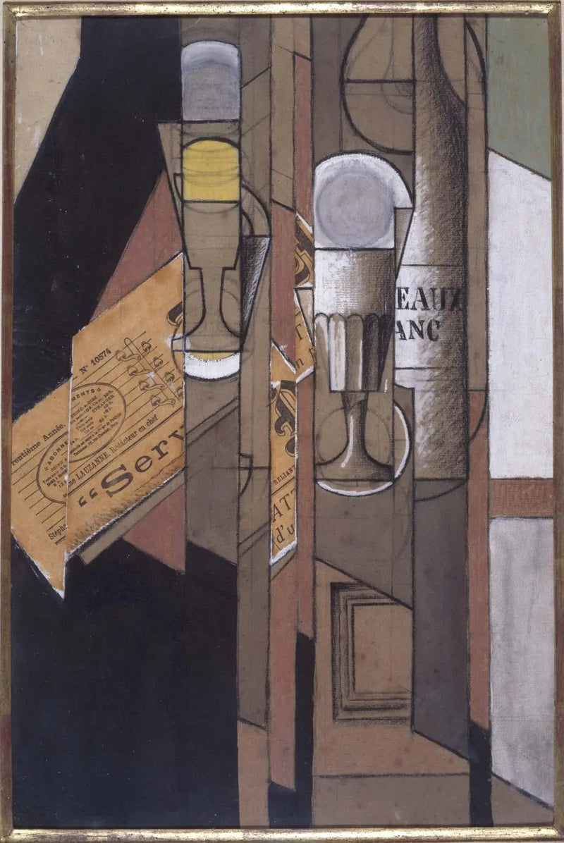 Kuppi, lehti ja viinipullo - Juan Gris