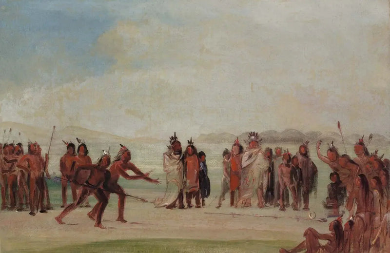 Tchung-kee, mandan-pelejä, joissa käytetään rengasta ja vartta - George Catlin