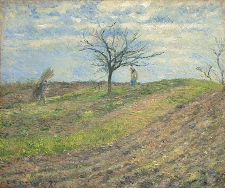 Kevät kyntö, mies, jolla on päähine - Camille Pissarro