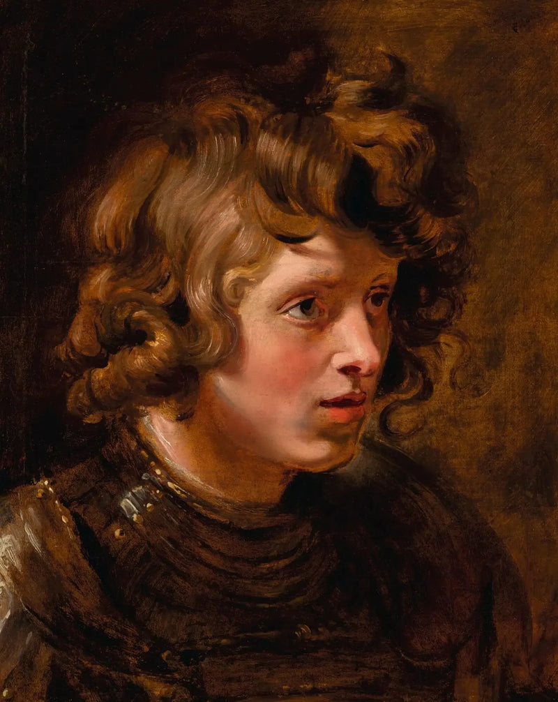 Nuoren miehen pää, joka pitää haarniskaa - Peter Paul Rubens