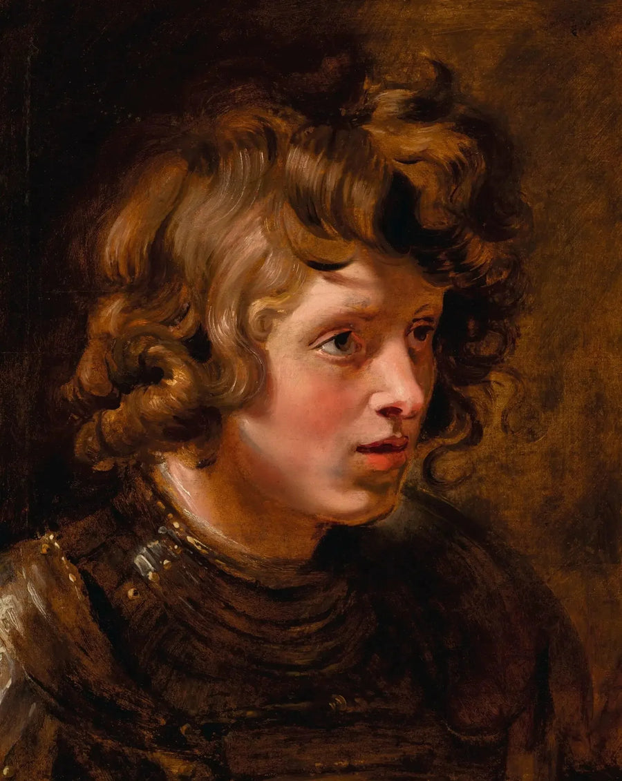 Nuoren miehen pää, joka pitää haarniskaa - Peter Paul Rubens