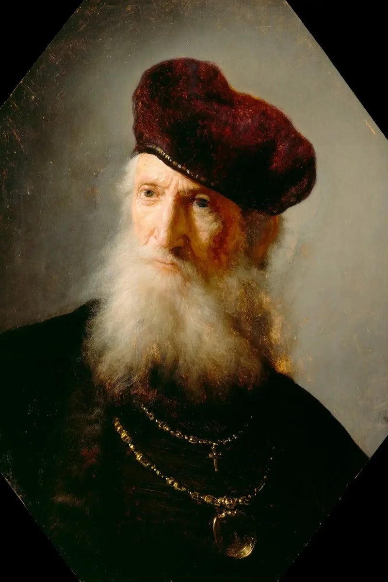 Vanhan partaisen miehen pää, joka käyttää korkeaa berettiä - Rembrandt