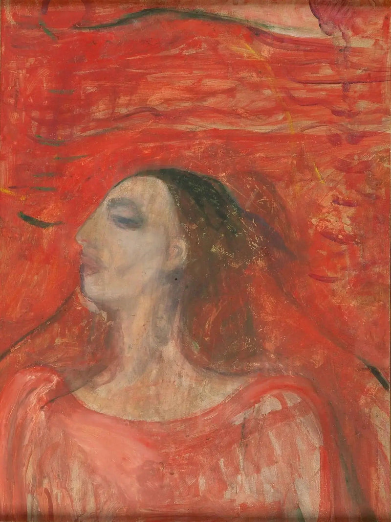 Naisen pää punaisella taustalla - Edvard Munch