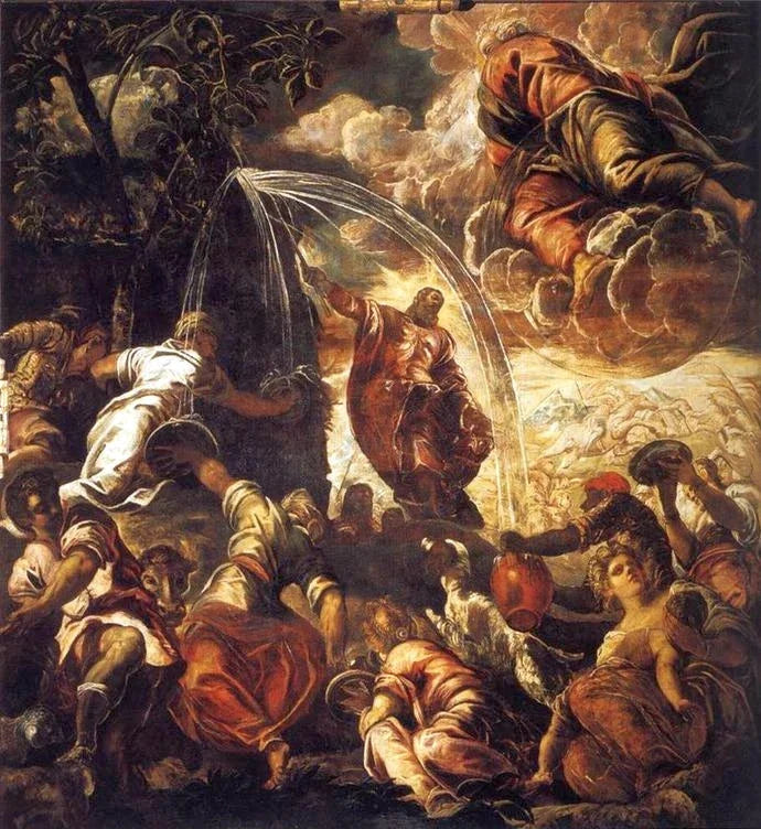 Moïse faisant jaillir l'eau du rocher, peinture de Le Tintoret