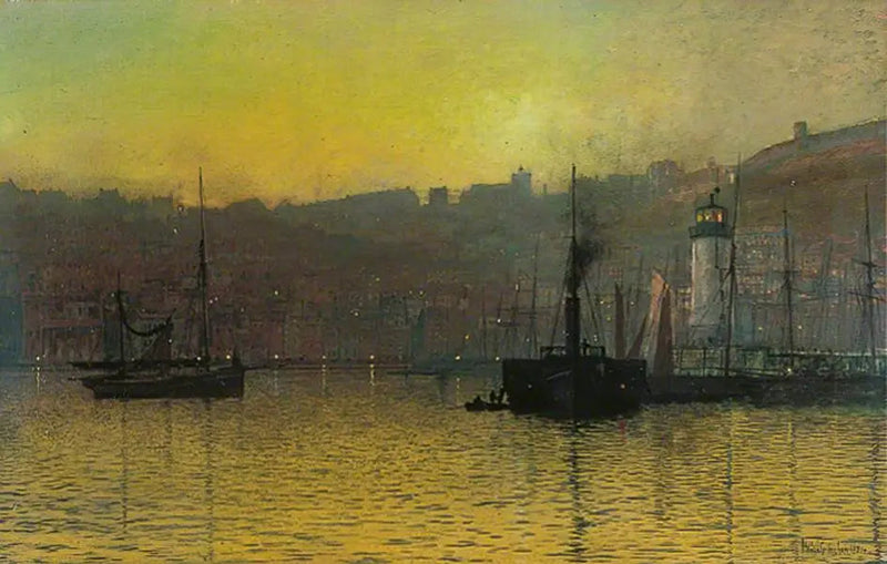 Pimeän laskeutuminen Scarboroughin satamassa, North Yorkshire - John Atkinson Grimshaw