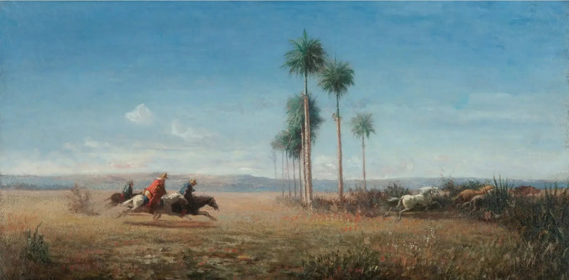 Kolme ratsastajaa ja hevosta laukkaa tasangolla (Venezuela) - Camille Pissarro