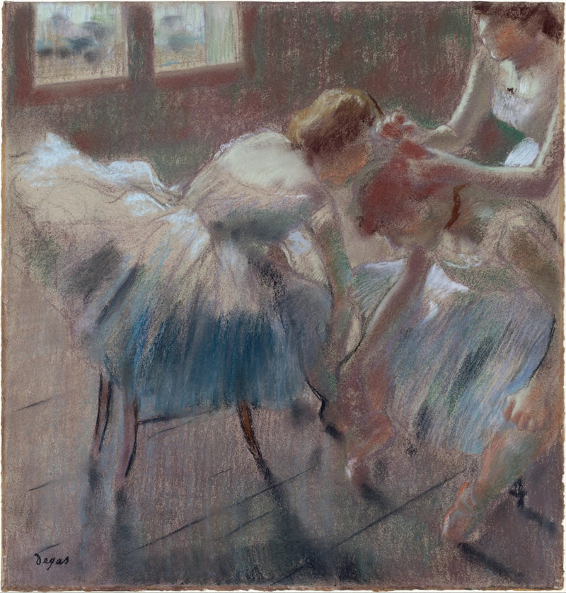 Kolme tanssijaa valmistautuu tuntiin - Edgar Degas