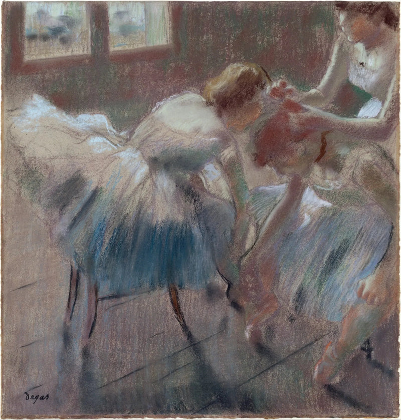 Kolme tanssijaa valmistautuu tuntiin - Edgar Degas