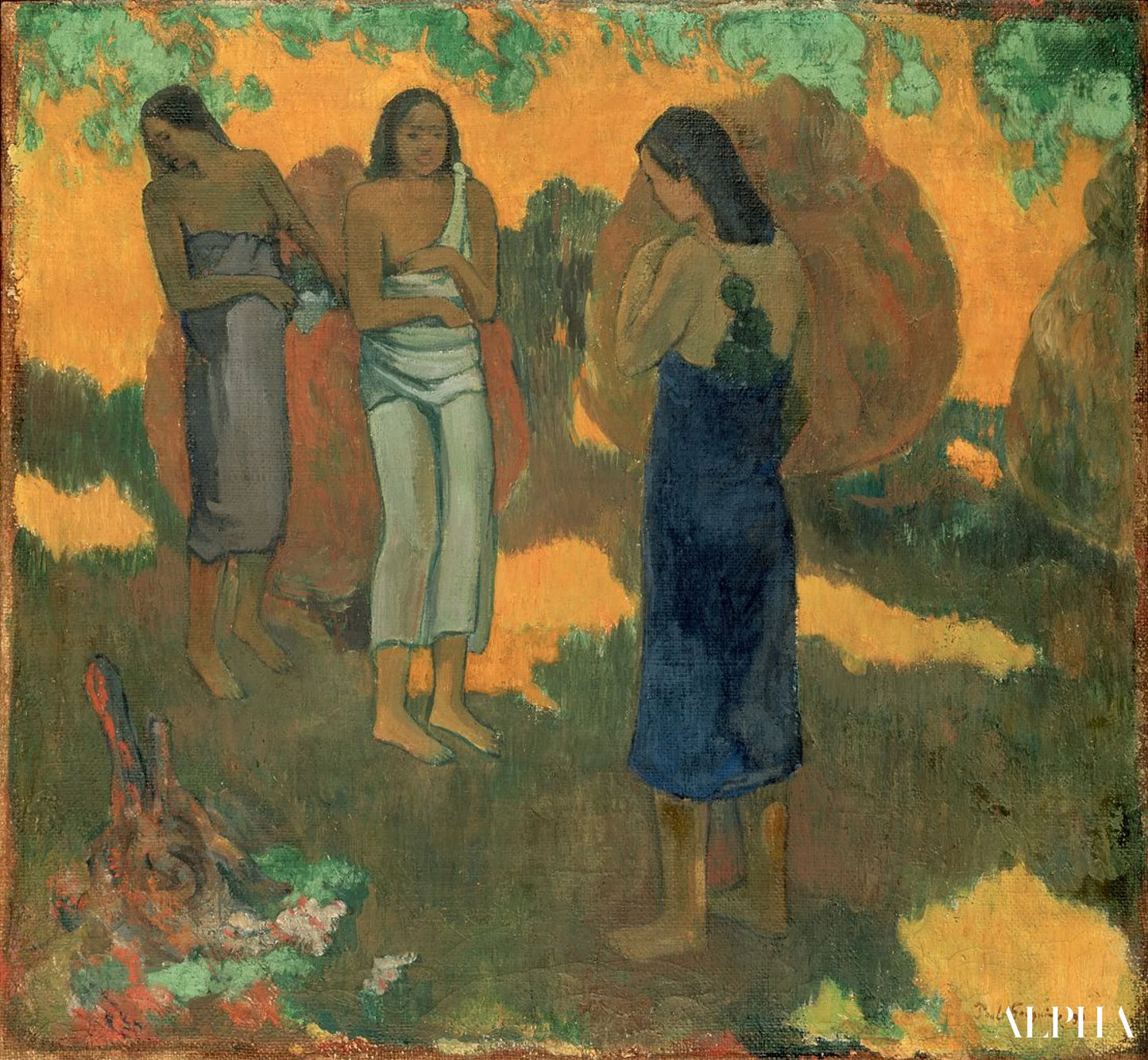 Kolme tahitilaista naista keltaisella taustalla - Paul Gauguin - Korkealaatuiset taulujen ja maalauksien reproduktiot