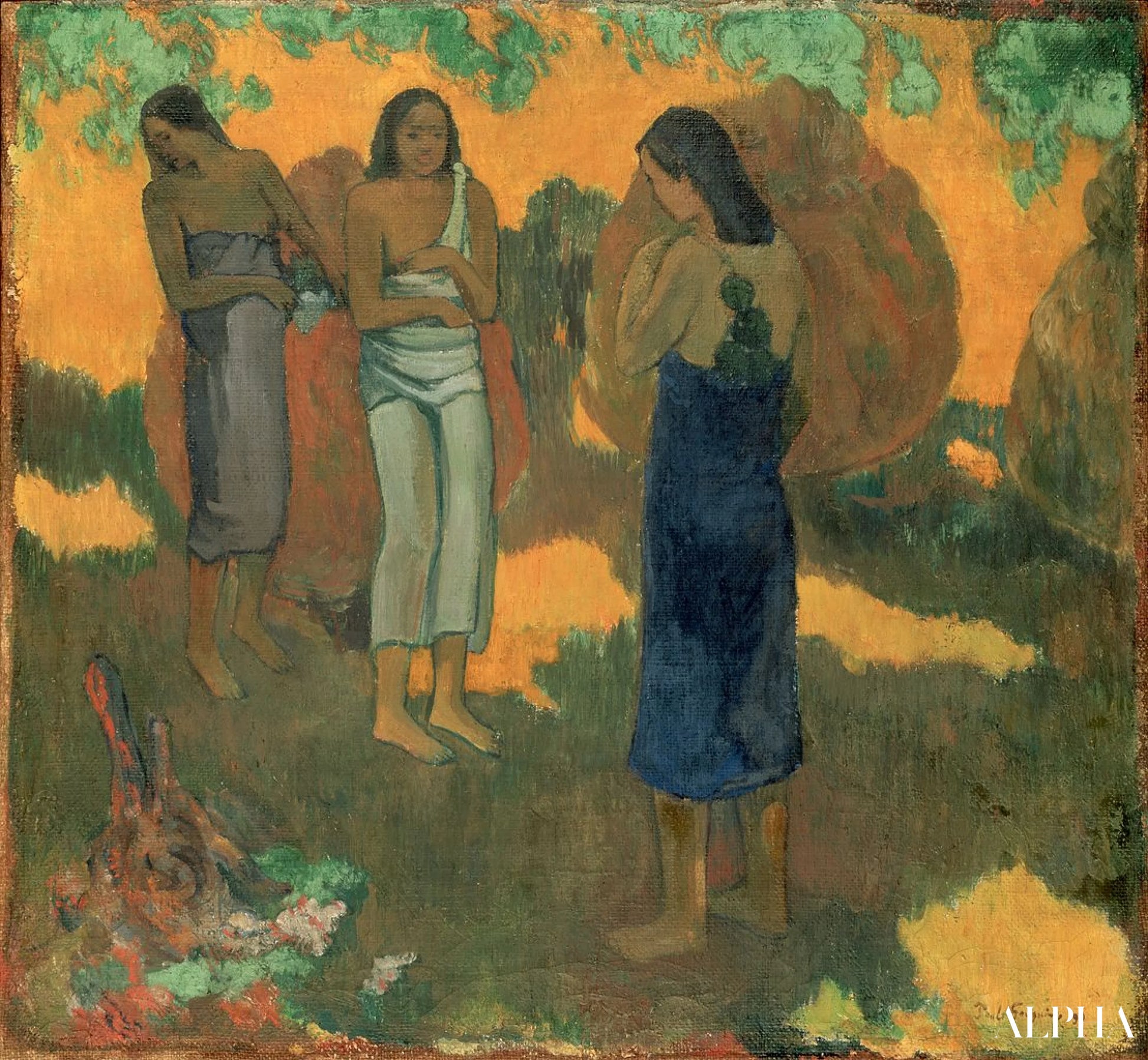 Kolme tahitilaista naista keltaisella taustalla - Paul Gauguin - Korkealaatuiset taulujen ja maalauksien reproduktiot
