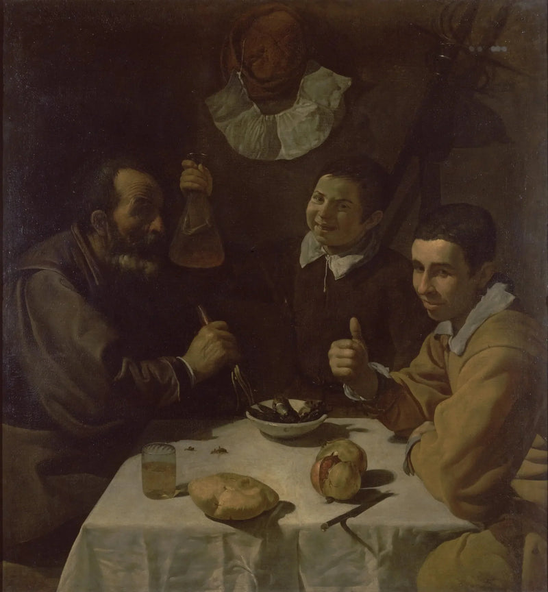 Kolme miestä pöydässä, lounas - Diego Velázquez