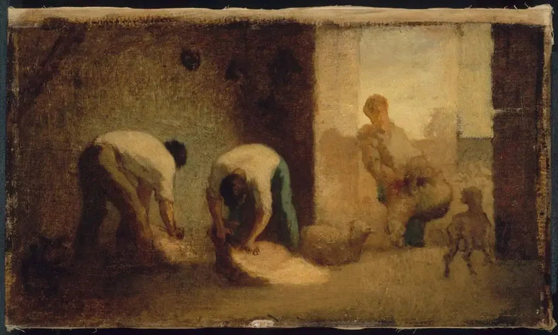 Kolme miestä leikataan lampaita aitassa - Jean-François Millet
