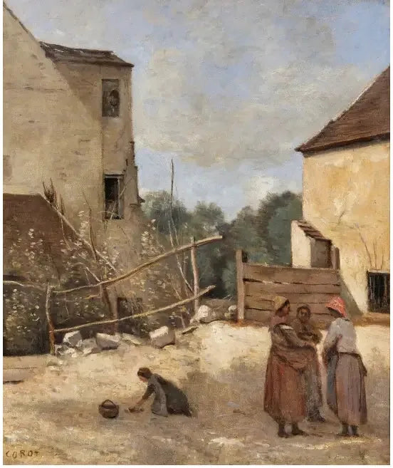 Kolme maanviljelijää keskustelemassa rustiikkisessa pihassa - Jean-Baptiste Camille Corot