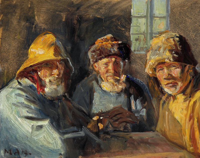 Kolme kalastajaa istumassa auringossa. -Michael Peter Ancher