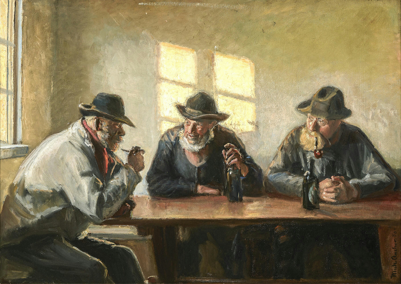 Kolme kalastajaa Bründumin puodissa. (1916). - Michael Peter Ancher