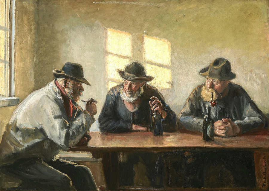 Kolme kalastajaa Bründumin puodissa. (1916). - Michael Peter Ancher