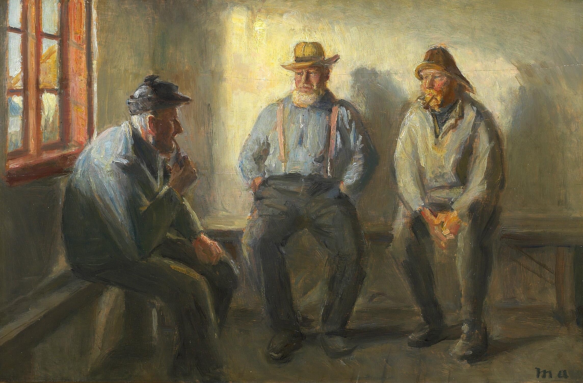 Trois pêcheurs dans le magasin de Brøndum. - Michael Peter Ancher image 1 reproduction artisanale de tableau