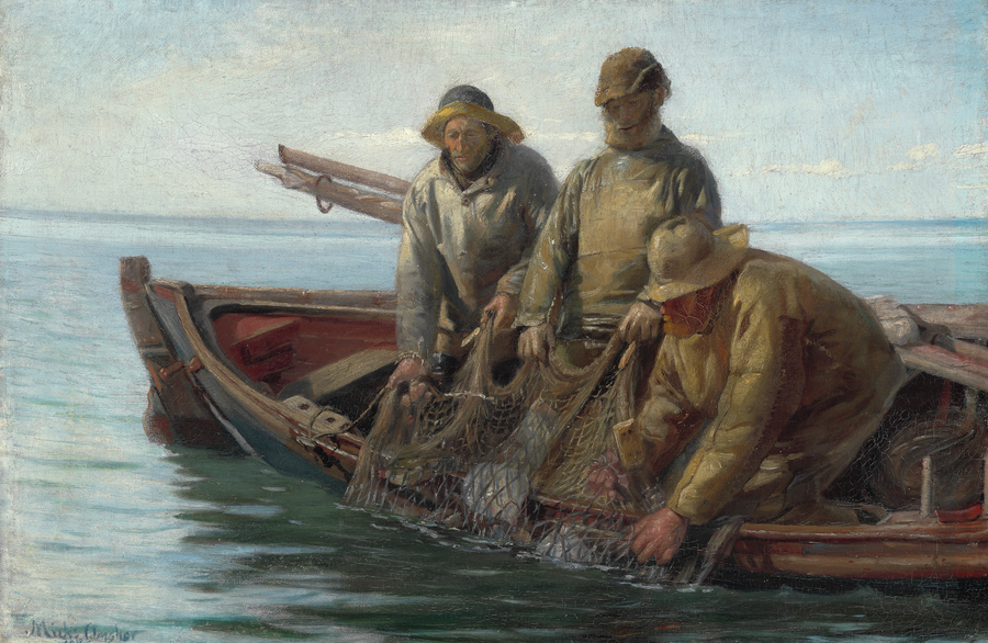 Kolme skagenilaista kalastajaa vetää verkkojaan. - Michael Peter Ancher