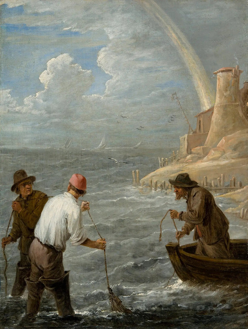 Kolme kalastajaa heittämässä verkkojaan - David Teniers nuorempi