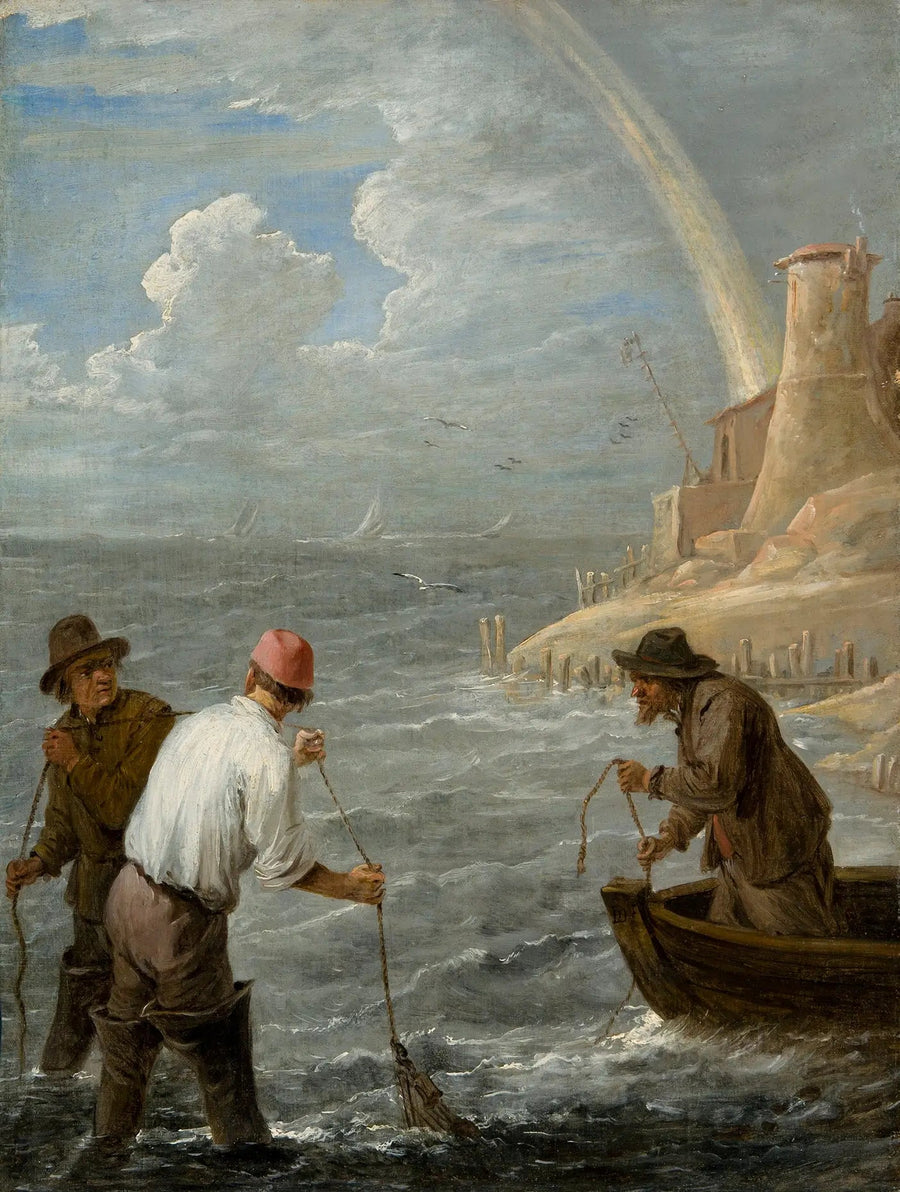 Kolme kalastajaa heittämässä verkkojaan - David Teniers nuorempi